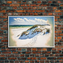 Whimsical watercolor of sand dunes on a beach, framed canvas print, beautiful living room wall art