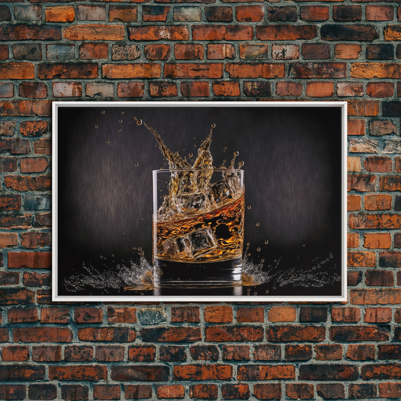 Whiskey Wall DÃ©cor, Glass of Whiskey with Splash, Man Cave Wall Art, Whisky Artwork, Home Bar Decor, Framed Canvas Print