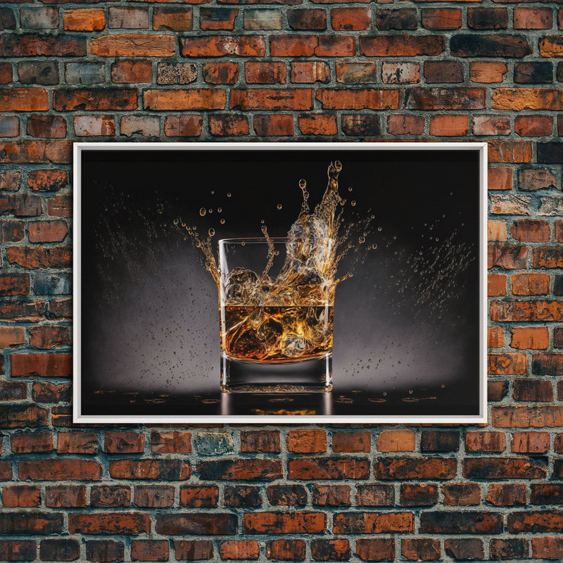 Whiskey Wall DÃ©cor, Glass of Whiskey with Splash, Man Cave Wall Art, Whisky Artwork, Home Bar Decor, Framed Canvas Print, Manly Art