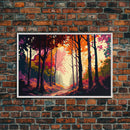 Pop Art Style Fall Forest Landscape, Framed Canvas Print, Unique living room wall art, above sofa art, Color Pop forest art