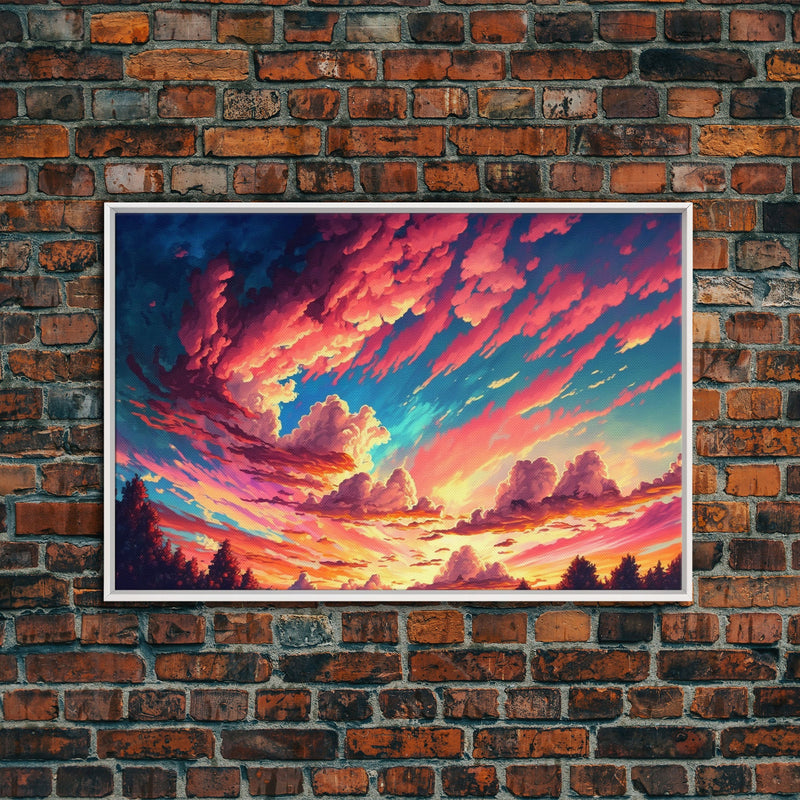 Watercolor of a beautiful cloudy sky at sunset, framed canvas print, landscape art, unique framed wall art