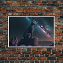 Cheetah overlooking the valley, synthwave retro style animal prints, framed canvas print, framed wall art, starry Africa night sky
