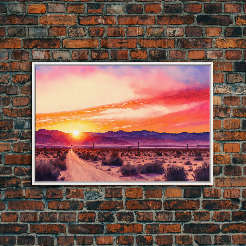 Arizona Desert at Sunset, Dirt Road, Framed Canvas Print, Colorful Wall Art, Sofa Art