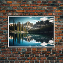 Reflections on a winter lake, watercolor landscape art, framed canvas print, pine tree winter forest