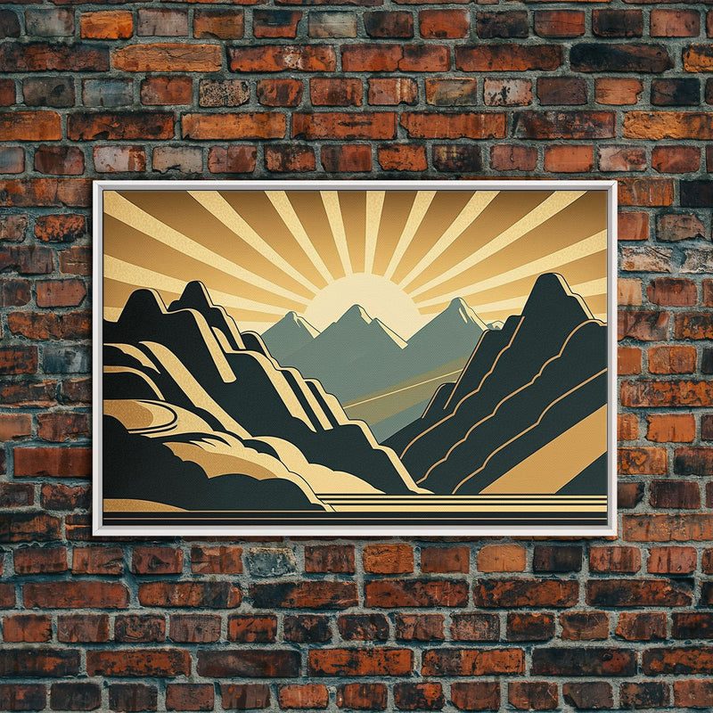 Art Deco Style Mountain landscape at Sunset, Framed Canvas Print, Large Format Wall Art, Huge Wall Decor