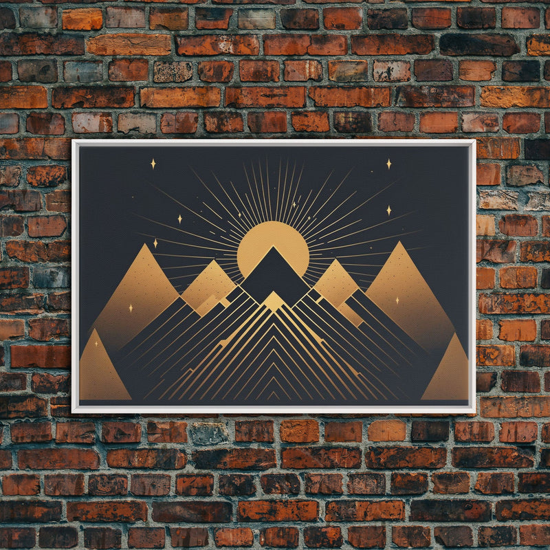 Art Deco Style Mountain landscape at Sunset, Framed Canvas Print, Large Format Wall Art, Huge Wall Decor, Black and Gold