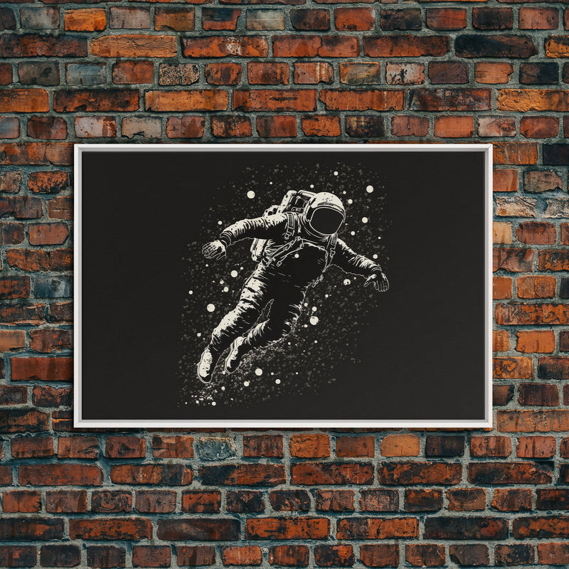 Adrift - Astronaut Lost In Space - Framed Canvas Print - Black and White Space Art