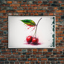 Watercolor Cherry, Still Life Paint Splatter Art, Framed Canvas Print, Fruit Art, Cherries with Stems Watercolor Painting