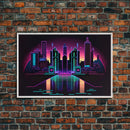 Retro Style Synthwave Wireframe City, Outrun Style, Framed Canvas Print, 80s Vibes Art