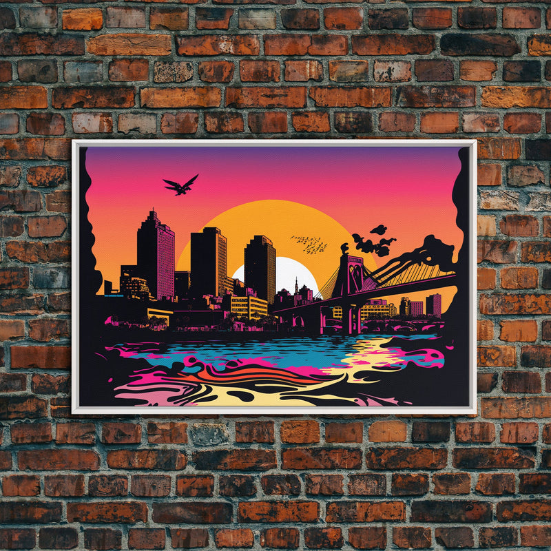 Beautiful Portland, Oregon Retro Synthwave Style Sunset Art, Framed Canvas Print, Pacific Northwest City Art