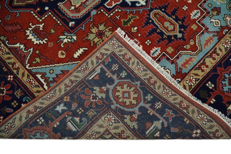 Ready to ship Rust and Blue Hand Knotted Traditional Persian Heriz Serapi Rug