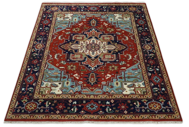 Ready to ship Rust and Blue Hand Knotted Traditional Persian Heriz Serapi Rug