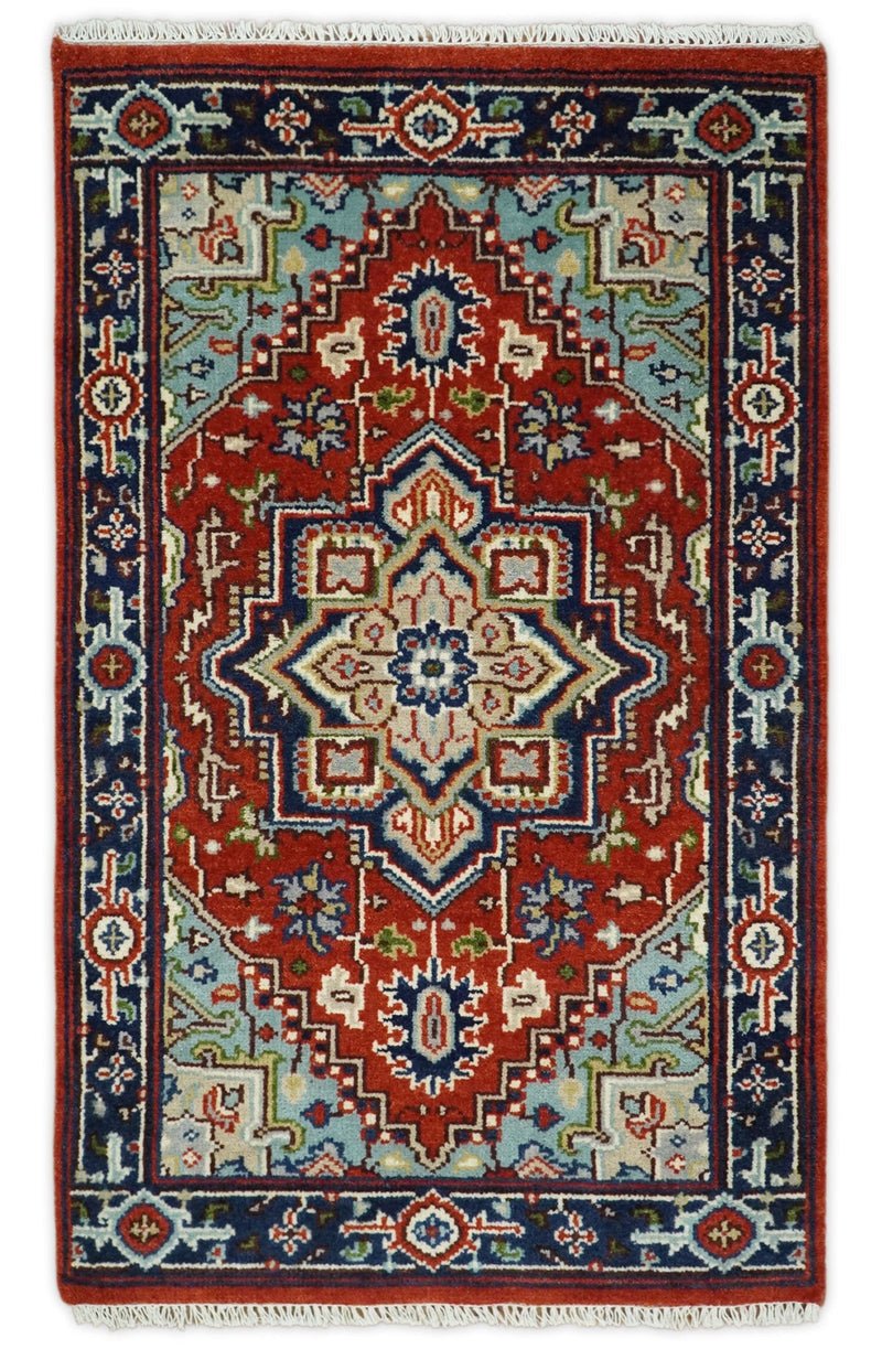 Ready to ship Rust and Blue Hand Knotted Traditional Persian Heriz Serapi Rug