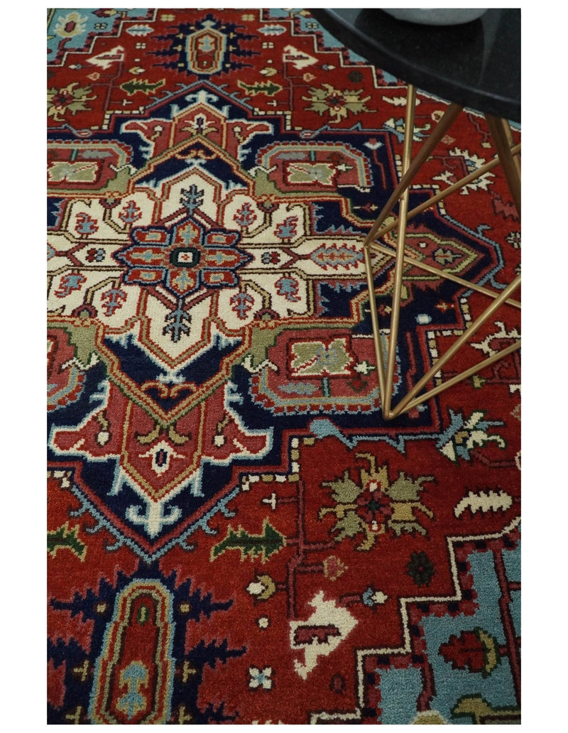 Ready to ship Rust and Blue Hand Knotted Traditional Persian Heriz Serapi Rug