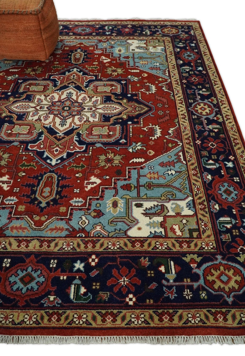 Ready to ship Rust and Blue Hand Knotted Traditional Persian Heriz Serapi Rug