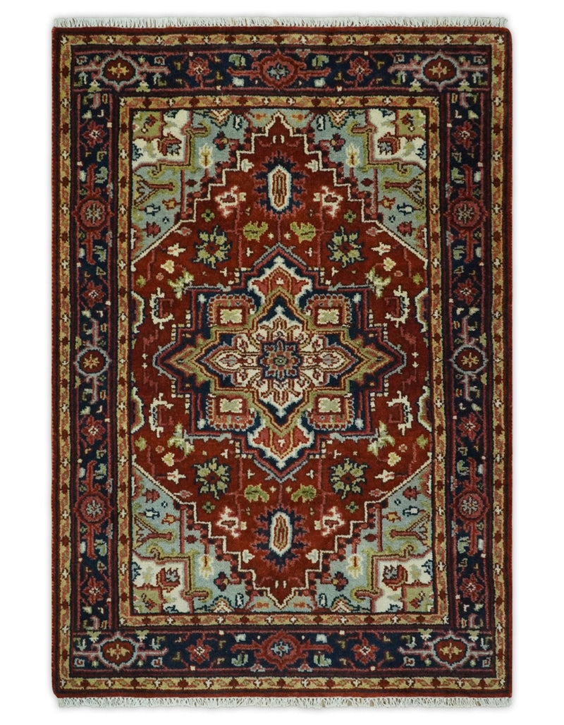 Ready to ship Rust and Blue Hand Knotted Traditional Persian Heriz Serapi Rug