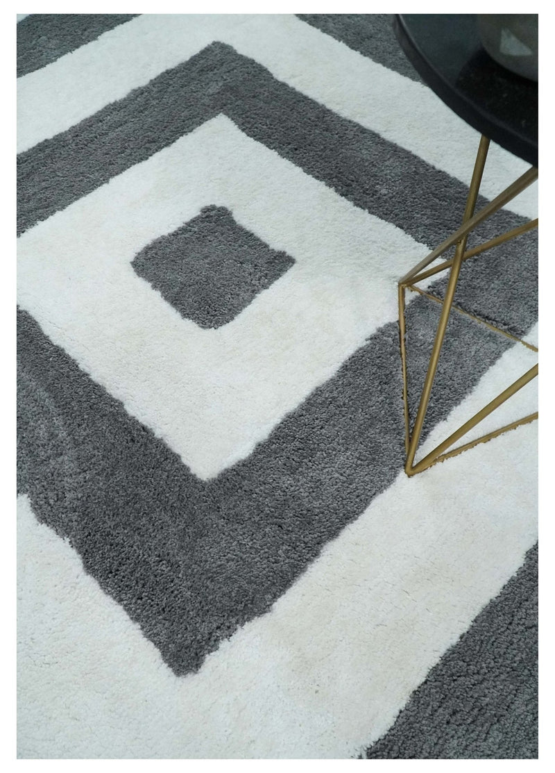 3x5, 4x6 and 5x7 Hand Woven Shag Ivory and Gray Geometrical Pattern Art Silk Soft Viscose Area Rug