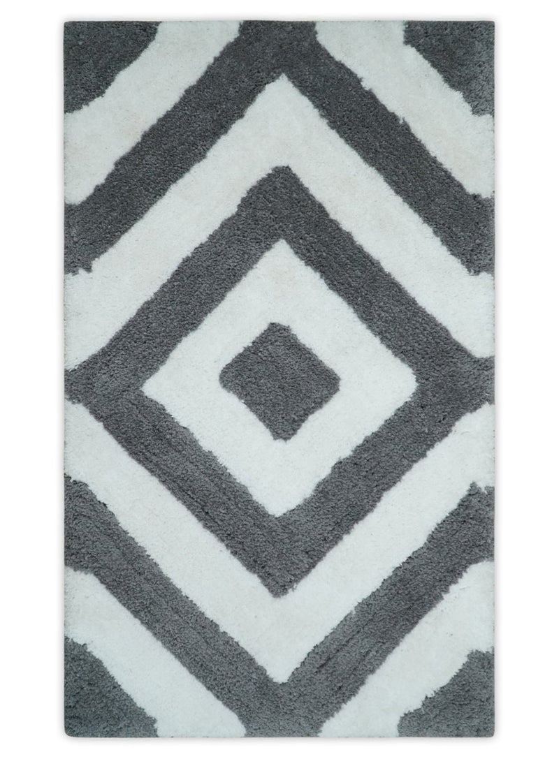 3x5, 4x6 and 5x7 Hand Woven Shag Ivory and Gray Geometrical Pattern Art Silk Soft Viscose Area Rug