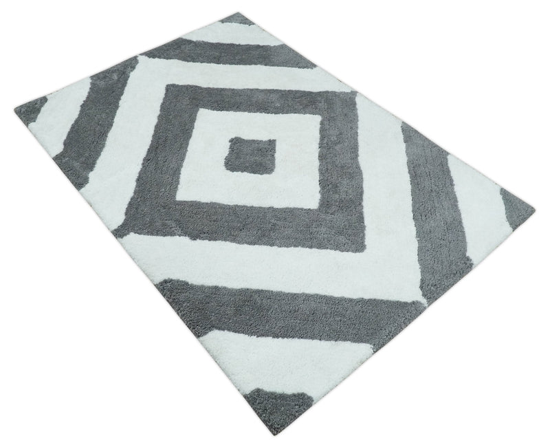 3x5, 4x6 and 5x7 Hand Woven Shag Ivory and Gray Geometrical Pattern Art Silk Soft Viscose Area Rug