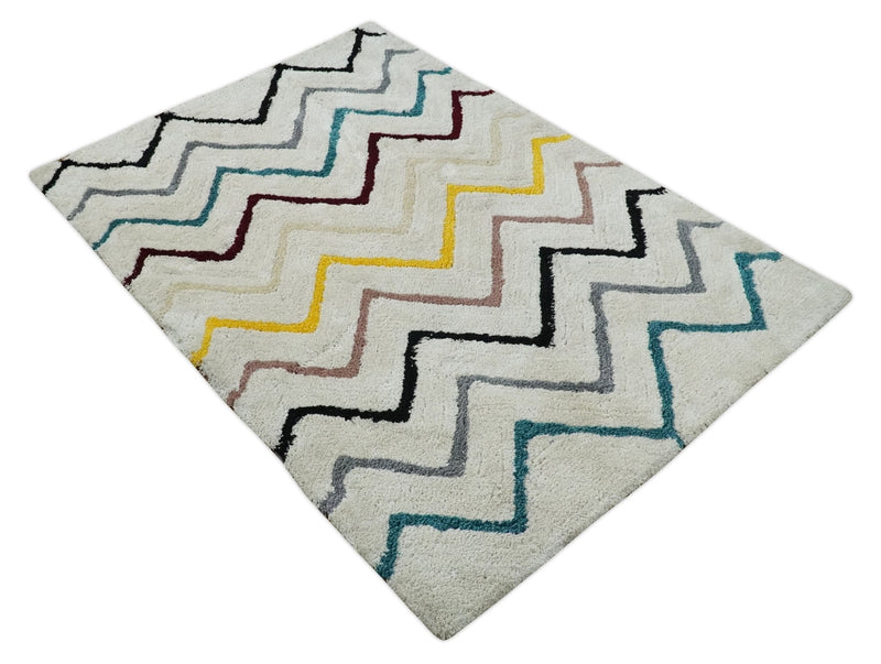 3x5, 4x6 and 5x7 Hand Woven Shag Ivory with multicolor Stripes Art Silk Soft Viscose  Area Rug