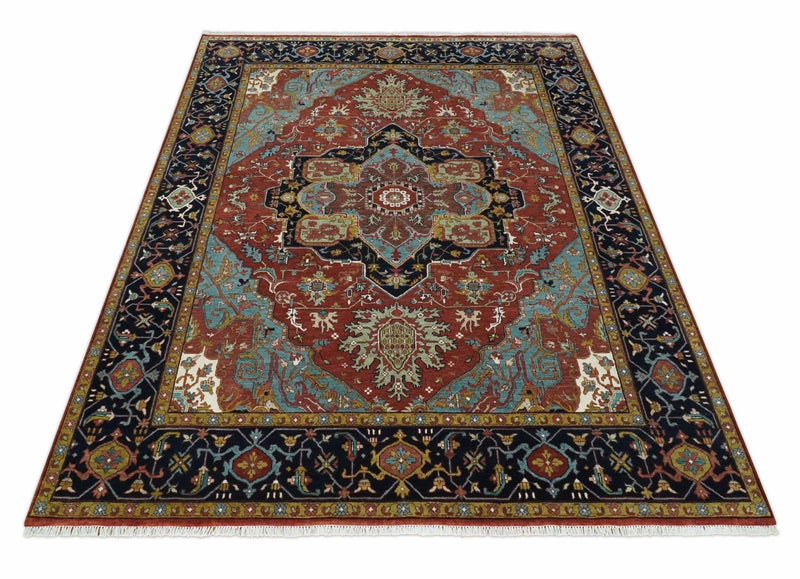 Hand Knotted Rust, Blue and Black Traditional Vintage Style Heriz Serapi Custom Made Wool Area Rug