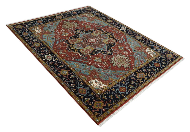 Hand Knotted Rust, Blue and Black Traditional Vintage Style Heriz Serapi Custom Made Wool Area Rug