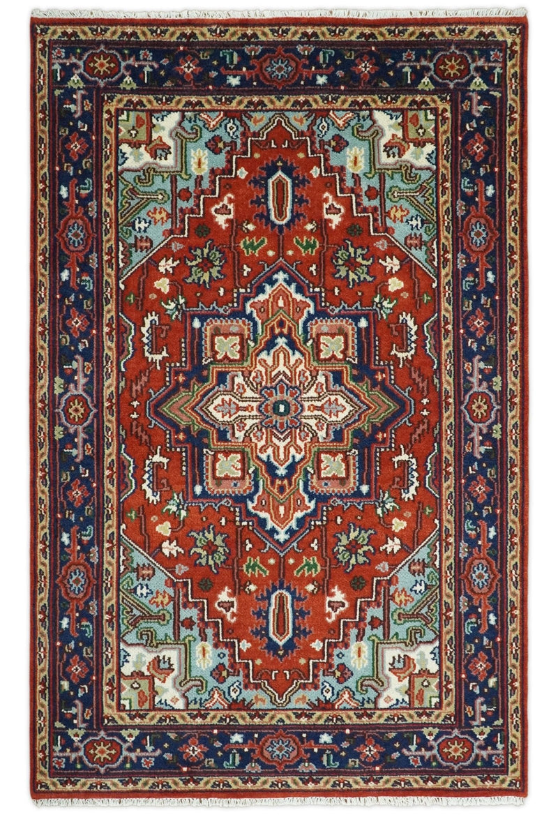 Rust and Blue Hand Knotted Traditional Heriz Serapi Multi Size wool Area Rug