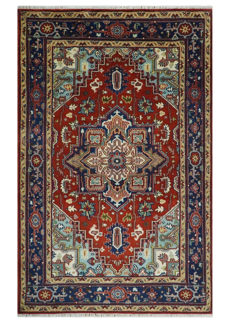 Rust and Blue Hand Knotted Traditional Heriz Serapi Multi Size wool Area Rug