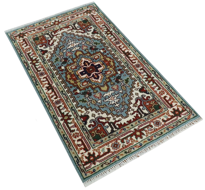 3x5 and 4x6 Mustard, Aqua and Ivory and Brown Traditional Hand knotted wool Area Rug