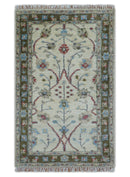 Beige Blue Hand Knotted Turkish Wool Area Rug 3x5 Traditional