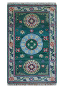 3x5 Hand knotted Traditional Khotan Design Teal Wool Area Rug