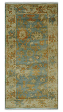 3x6 Runner Hand Knotted Blue, Beige and Rust Traditional Oushak Wool Area Rug | N338266