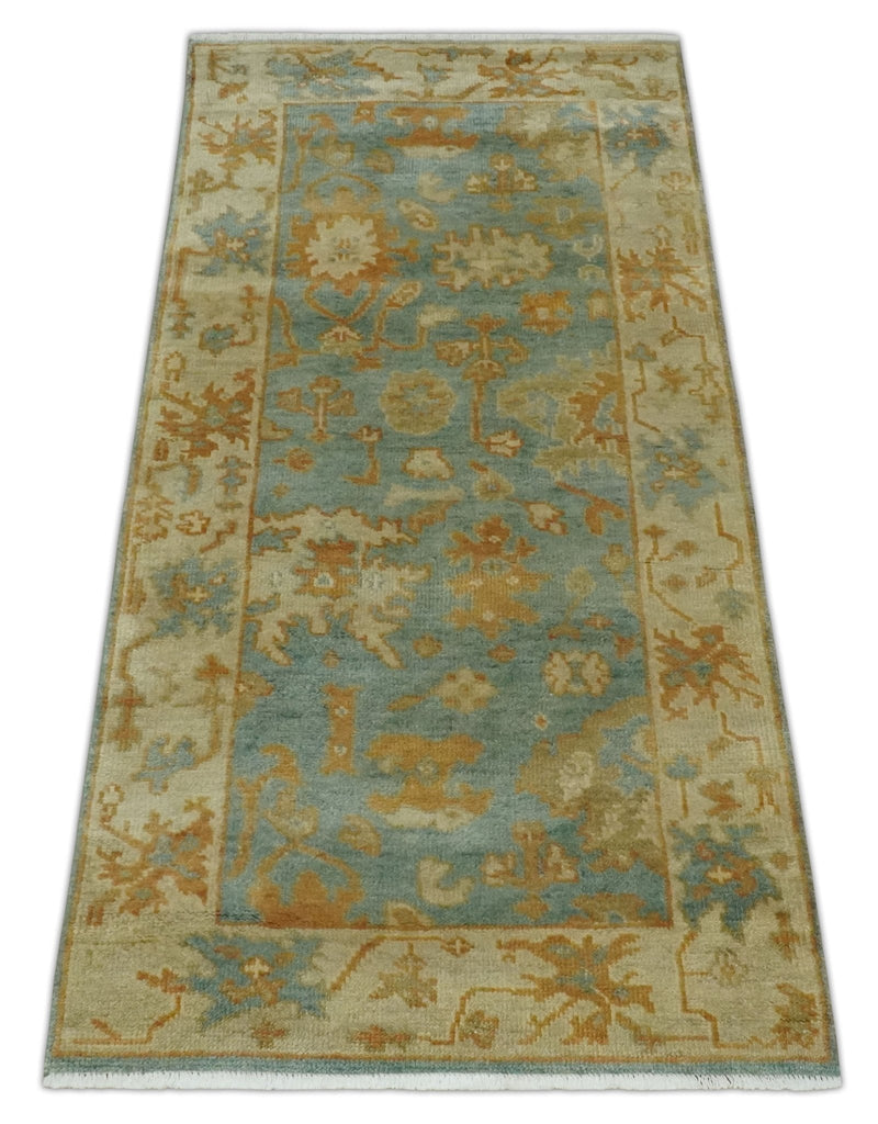 3x6 Runner Hand Knotted Blue, Beige and Rust Traditional Oushak Wool Area Rug | N338266