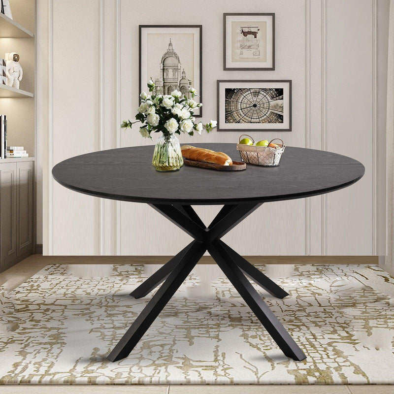 53" Mid-Century Modern Round Dining Room Table for 4-6 Person W/Solid Metal Legs, Black Wood Grain