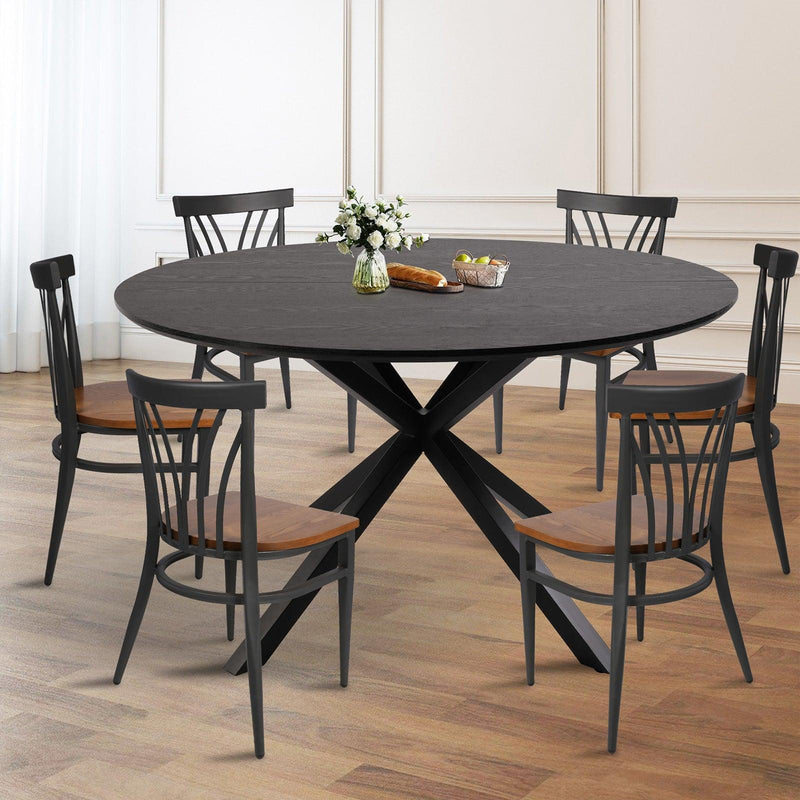 53" Mid-Century Modern Round Dining Room Table for 4-6 Person W/Solid Metal Legs, Black Wood Grain