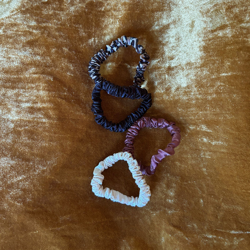 4 Pack Satin Hair Tie Pack in Black / Brown / Cheetah / Nude | Stretchy Scrunchies Hair Accessory