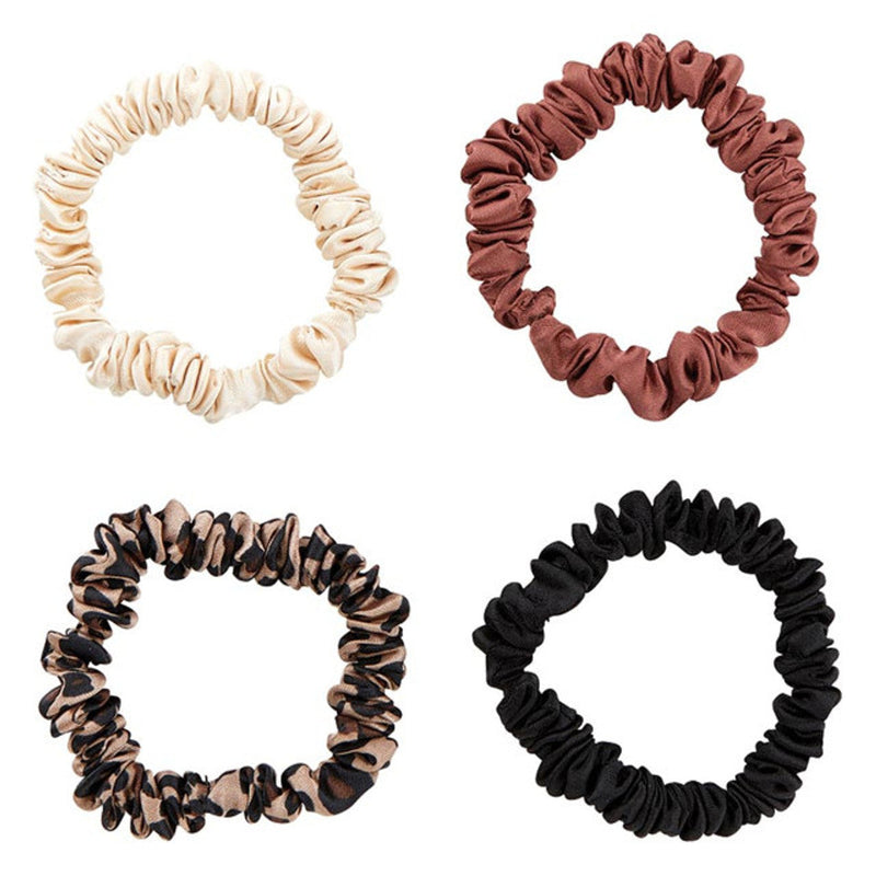 4 Pack Satin Hair Tie Pack in Black / Brown / Cheetah / Nude | Stretchy Scrunchies Hair Accessory