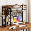 4-Tier Desk Shelf Desktop Display Rack with Metal Grid Panel and 6 Hooks-Rustic Brown