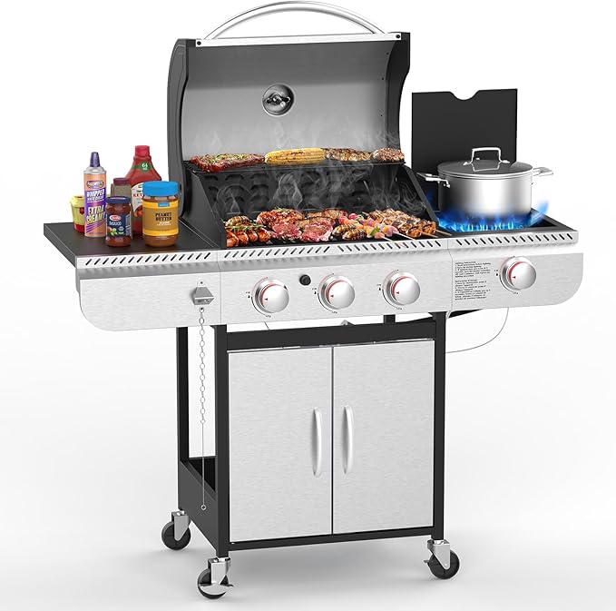 3 & 4-Burner Propane Gas Grills with Side Burners, for Outdoor Cooking, BBQ, Patio, Camping