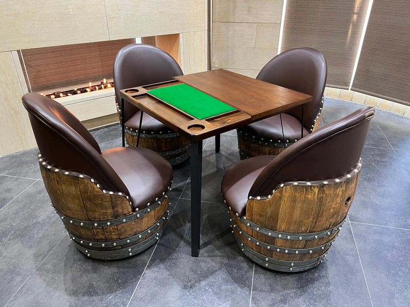 Wine Barrel Whiskey Barrel Domino & Dining Set - 4 Barrel Chairs, Game Table, Dining Table, Wine Barrel Furniture