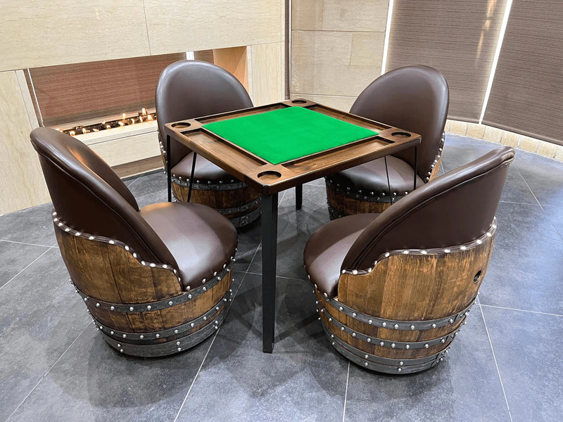 Wine Barrel Whiskey Barrel Domino & Dining Set - 4 Barrel Chairs, Game Table, Dining Table, Wine Barrel Furniture