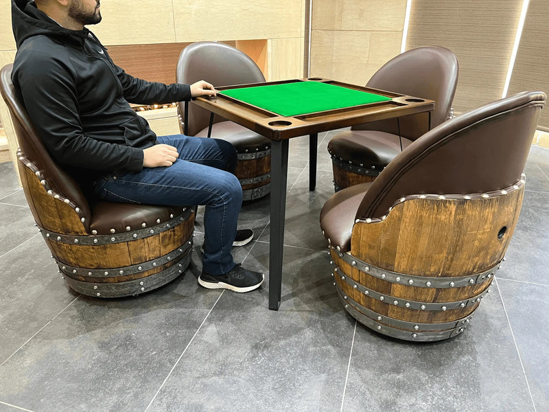 Wine Barrel Whiskey Barrel Domino & Dining Set - 4 Barrel Chairs, Game Table, Dining Table, Wine Barrel Furniture