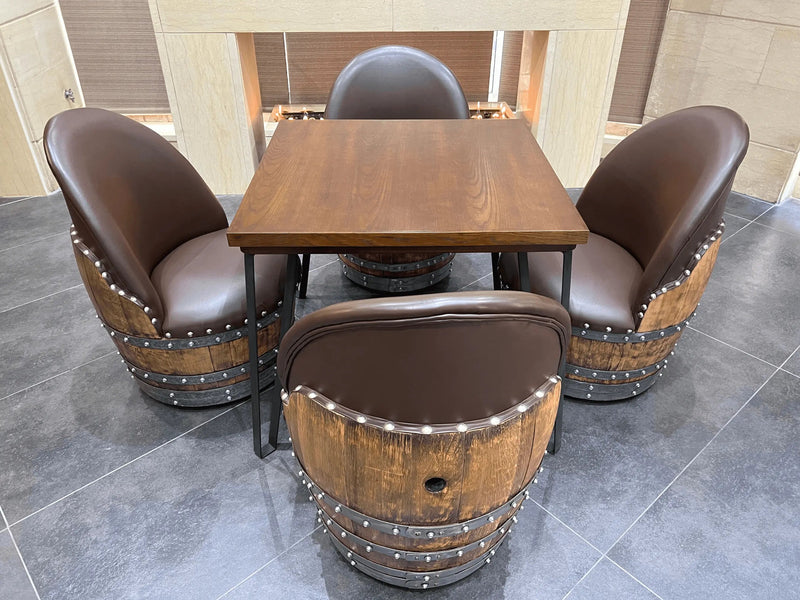 Wine Barrel Whiskey Barrel Domino & Dining Set - 4 Barrel Chairs, Game Table, Dining Table, Wine Barrel Furniture