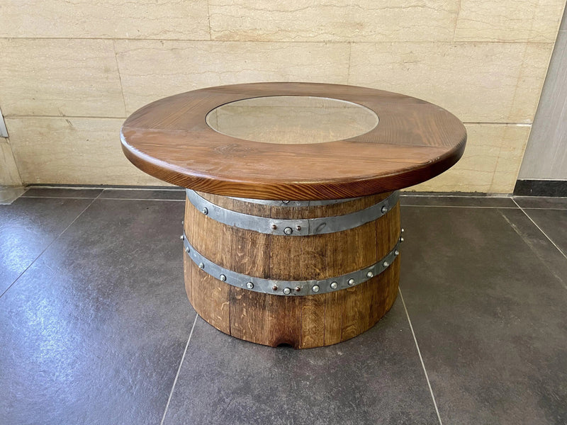 Wine Barrel Full Round Coffee Table Set with 4 Chairs - Rustic Whiskey Barrel Furniture Set - Handmade Solid Oak - Free Shipping