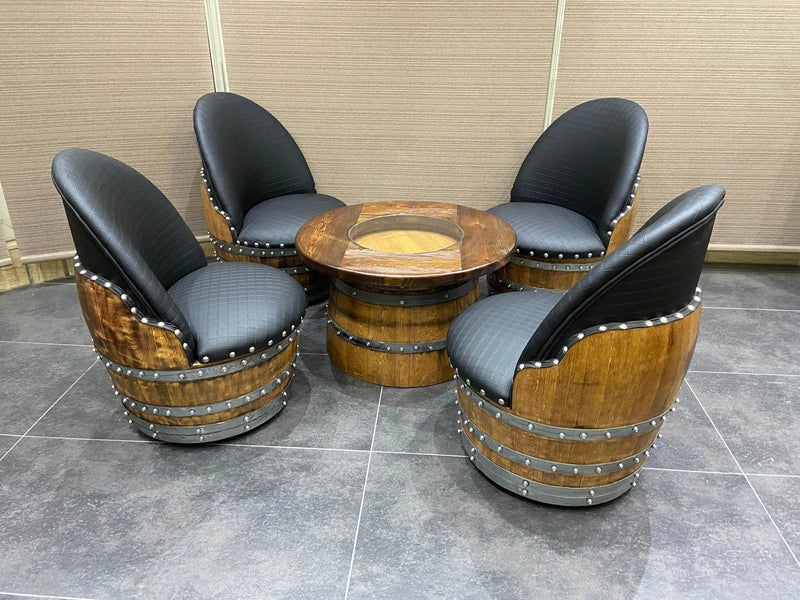 Wine Barrel Full Round Coffee Table Set with 4 Chairs - Rustic Whiskey Barrel Furniture Set - Handmade Solid Oak - Free Shipping