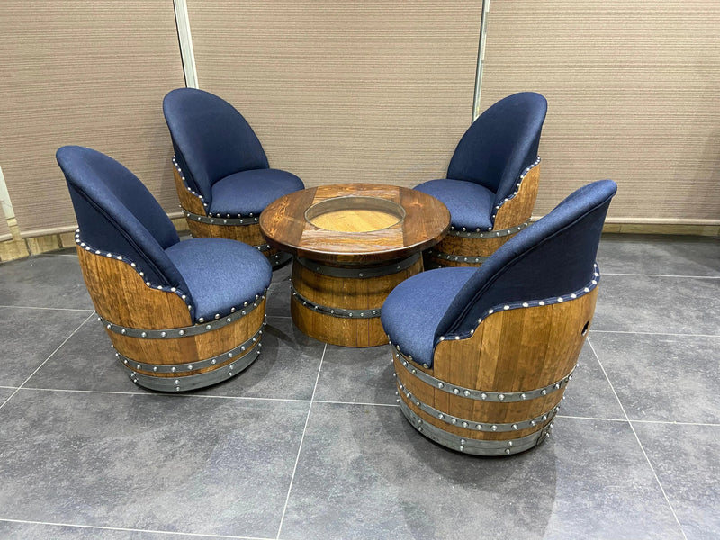 Wine Barrel Full Round Coffee Table Set with 4 Chairs - Rustic Whiskey Barrel Furniture Set - Handmade Solid Oak - Free Shipping