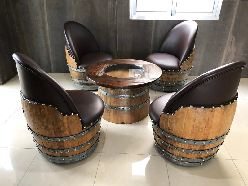 Wine Barrel Full Round Coffee Table Set with 4 Chairs - Rustic Whiskey Barrel Furniture Set - Handmade Solid Oak - Free Shipping