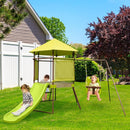 4-in-1 Swing Set with Covered Playhouse Fort and Height Adjustable Baby Seat-Green by LJGDeals