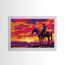 Wild West Cowboy At Sunset Framed Canvas Print, Pop Art, Watercolor Painting, Room Decor Western Aesthetic