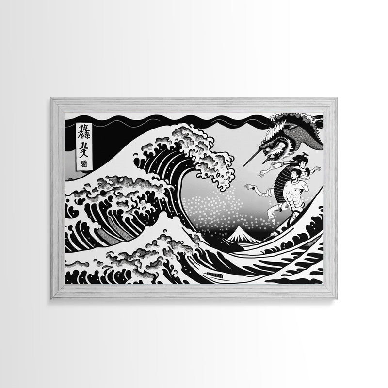 Beautiful Black and White Ocean Wave Wall art, Framed Canvas Print, Retro Japanese Inspired Hokusai Style Wave Art